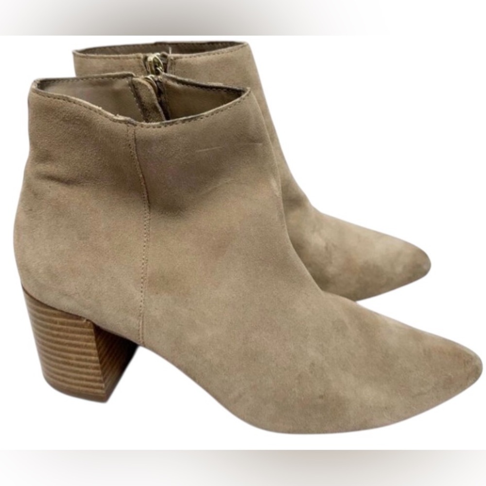 Blondo Booties Size 8 Tan‎ Cow Suede Ankle Boots Block Heel Pull On Side Zip